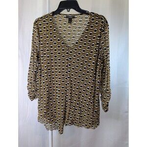 Alfani XL Mesh Top Patterned Geometric Yellow Business Office Blouse Black (K06}